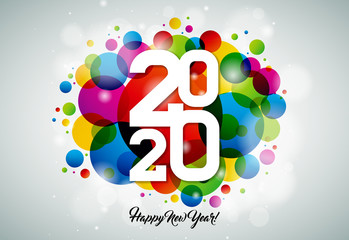 2020 Happy New Year illustration with typography number on shiny colorful background. Vector Holiday design for flyer, greeting card, banner, celebration poster, party invitation or calendar.