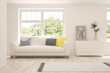 Stylish room in white color with sofa. Scandinavian interior design. 3D illustration