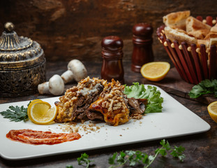 fried meat with mushrooms and walnuts