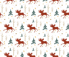 Seamless pattern with running elk in the autumn forest. Vector texture with a silhouette of a moose, trees and leaves. Graphic color print for textile and fabric.