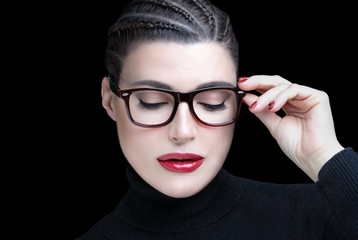 Stylish woman with trendy glasses and perfect makeup. vision correction, optometry and fashion eye wear