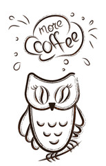 Sketch hand drawn owl with eyes-coffee-beans with hand lettering text on white background