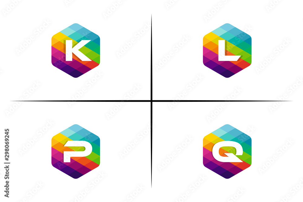 Poster set of k, l, p and q letter colorful logo in the hexagonal. vector design template elements for your
