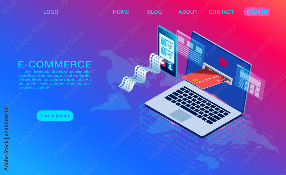 Poster e-commerce shopping online with computer and mobile. vector 3d isometric template