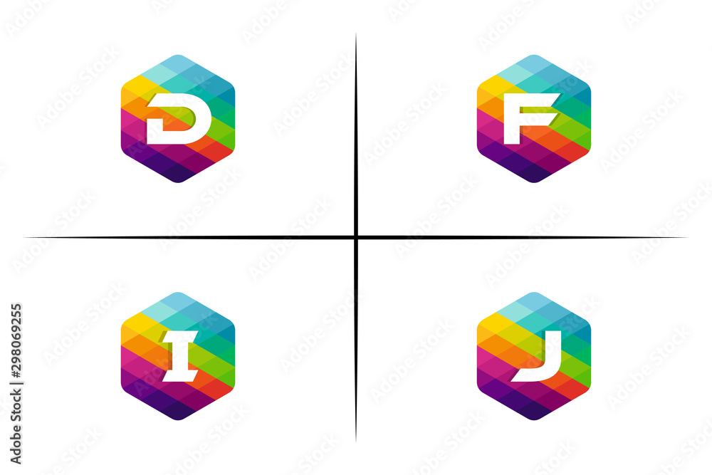 Poster set of d, f, i and j letter colorful logo in the hexagonal. vector design template elements for your