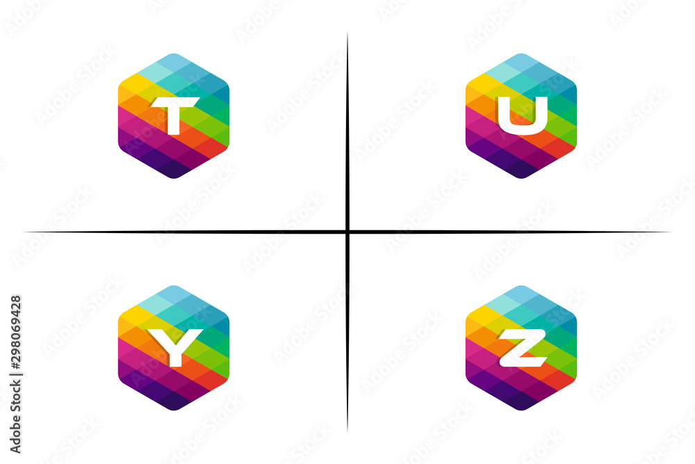 Poster set of t, u, y and z letter colorful logo in the hexagonal. vector design template elements for your