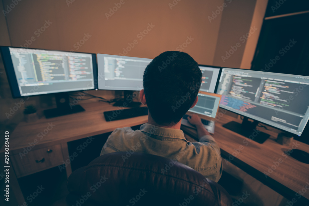 Poster back rear view photo of specialist designer using artificial intelligence to help himself develope s