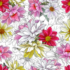 Pretty Floral Seamless Pattern with Multi-colored Flowers Dahlias on White Background. For Textile, Wallpapers, Print, Greeting. Vector Illustration.