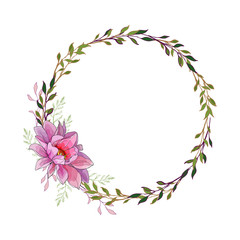 Floral round frame of lilac flower Dahlia and green branch on white background. For your design, wedding stationary, fashion, invitation template, greeting card, saving the date card. Vector.