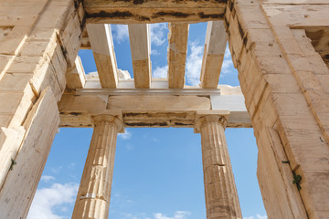 Spectacular sights of the ruins in ancient Greek Acropolis, old temple of parthenon and stone pillar columns