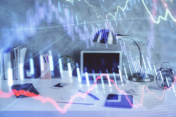 Multi exposure of forex graph and work space with computer. Concept of international online trading.