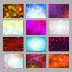 Fototapeta na wymiar Magic colorful blurred backgrounds set with bokeh lights. Sunny day, city night, winter sky concepts. Bright glitter lights backdrops. Abstract soft light defocused wallpapers vector illustration.