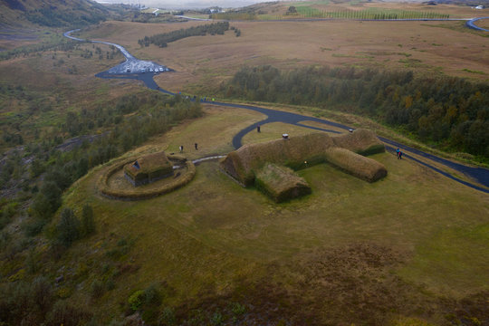 Traditional turf viking's house. &THORN;j&oacute;&eth;veldisb&aelig;rinn St&ouml;ng. Iceland. Aerial drone shot. September 2019