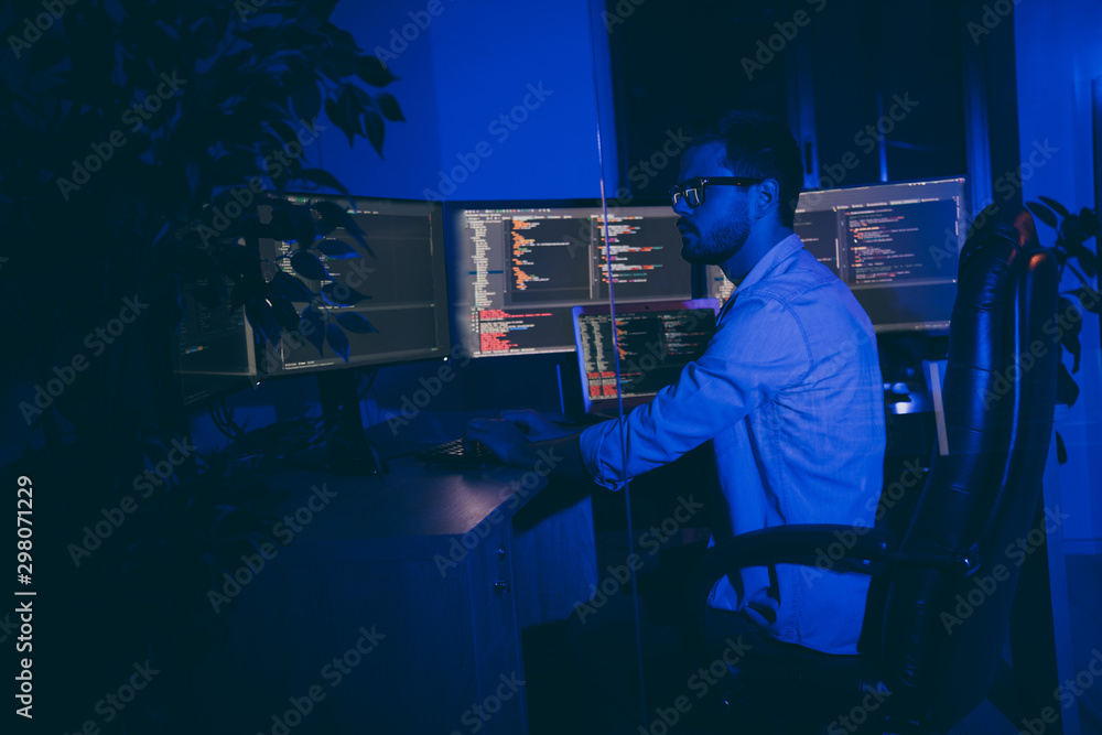 Poster profile side view of his he nice clever smart senior top app developer brunet guy coding providing m