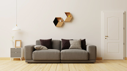 Interior poster mock up living room with gray sofa . 3D rendering.
