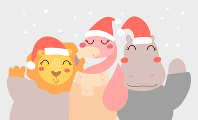 Flat scandinavian style cartoon cute character animals in winter clothes and Santa hat. Minimal vector illustration, merry Christmas card.