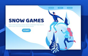 Winter isometric people, man and girl playing snowballs, snowman, happy romantic couple, 3d vector sport family playing, outdoor activity, snow games, simple design cartoon characters