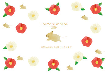 ネズミ　椿の花パターン　水彩風　年賀状