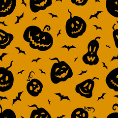 Pumpkins jack lantern and bats vector seamless pattern. Black silhouettes of seamless texture. Halloween.
