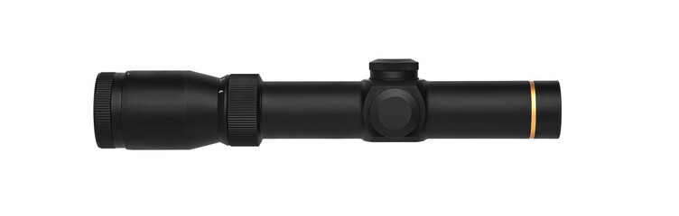 modern black optical scope for weapon isolated on whited. sight scope isolated on white back.