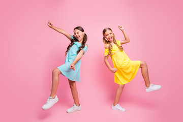Full length profile photo of two people small school ladies models rejoice summer holidays...