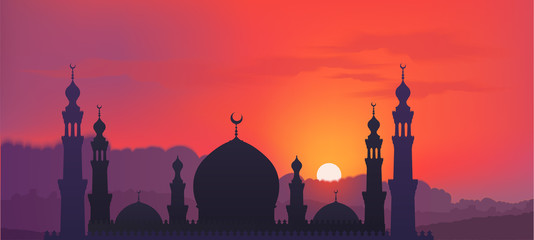 Dark mosque silhouette on colorful red and violet sunset sky and clouds background, vector banner illustration - obrazy, fototapety, plakaty