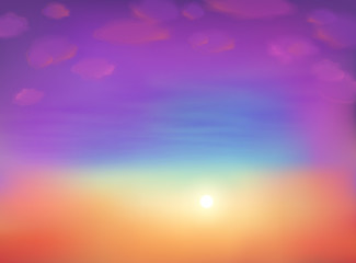 Foggy cloudy sky in magic sunset colors vector illustration background