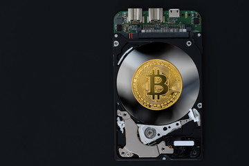 Golden Bitcoin on black backround, crypto currency and network blockchain