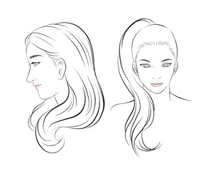 girl face long hair portrait isolated on white background. hand drawn vector illustration