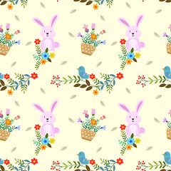 Cute bunny with flowers and bird seamless pattern.