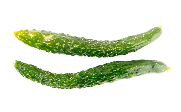 Two long green cucumbers isolated on a white background