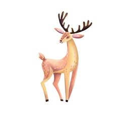 Deer hand drawn illustration. Wild animal with antlers drawing in flat cartoon style. Cute textured volume reindeer character on grass on isolated on white background.