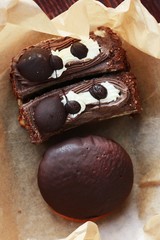 Delicious cakes with chocolate for Breakfast close up