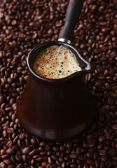 Fresh and tasty coffee in the Turka and coffee beans