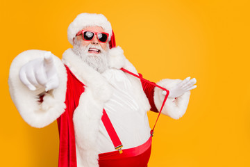 Profile side photo of funky fat santa claus point index finger choose who will party with him on...