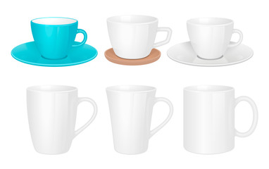 White cups. Mug collection isolated