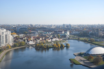 Aerial view of Minsk city center. Trinity Hill and Svisloch River. Belarus