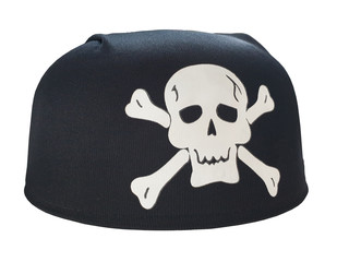 Black hat with screen, skull and crossbones Halloween and pirate concept white background isolated,...