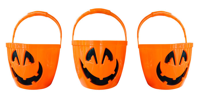 3 pumpkin plastic orange bucket with a smiley face on your Halloween decorating concept, white background isolated, work path inside