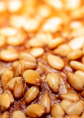 Sesame seeds on a brown crust of bread