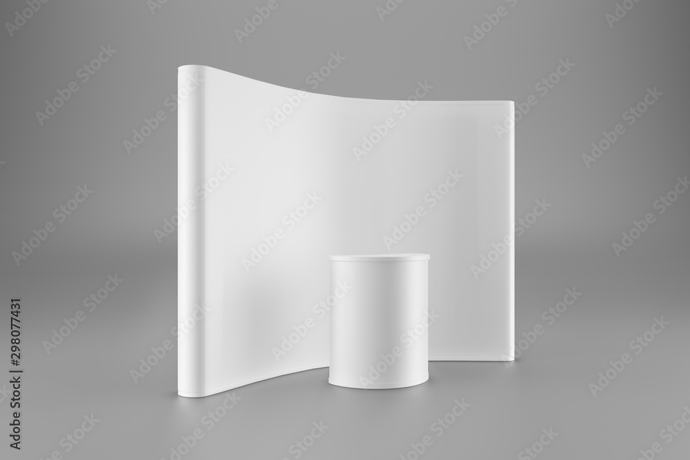 Poster spring pop up mockup promo stand half view. curved matte surface white background. 3d rendering