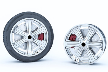 Obraz premium Car wheels isolated on a white background. 3D rendering.