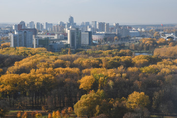 Aerial view of Minsk city. Autumn Victory Park and Svisloch River. Belarus