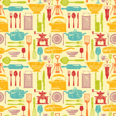 Seamless kitchen vector background with flat icons