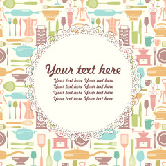 Kitchen background with bright flat icons and with place for text. Retro styled menu. 
