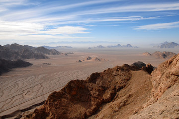 Desert landscape. View from Zoroastrian Pir-e-Sabz fire temple, Chak Chak, Iran.