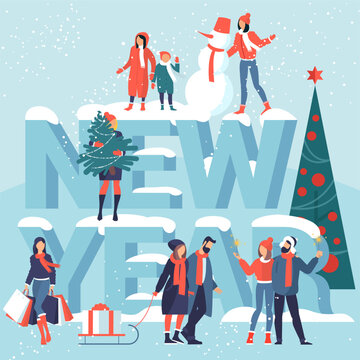 Vector illustration of people are preparing for the new year and christmas celebration. Gift shopping, bengal lights, winter outdoor activities, christmas tree and snowman. Vector mock up