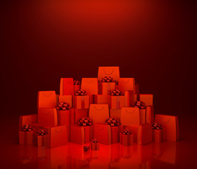 Red shopping Bags and Gift box on red background 3d rendering illustration.