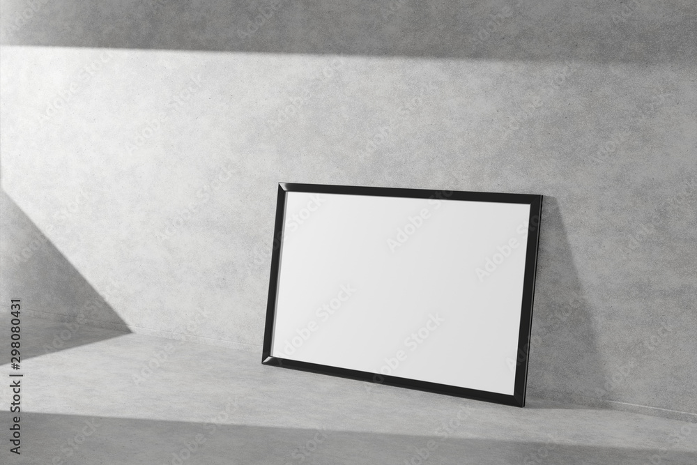 Poster horizontal mock-up picture frame stend in black on a concrete floor simple interior bright room ligh