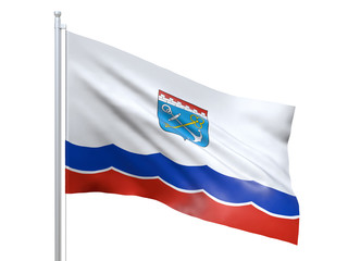 Leningrad oblast (Federal subject of Russia) flag waving on white background, close up, isolated. 3D render